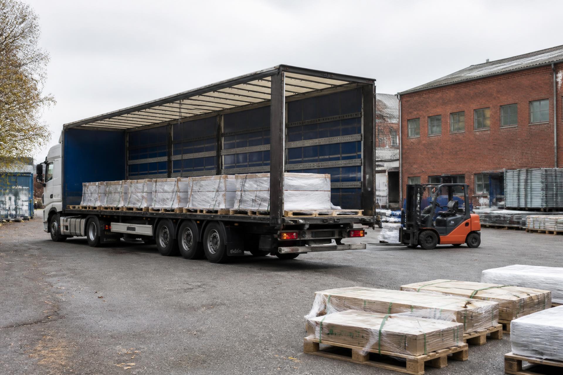 Lastbil och truck under pågående lossning på en svensk industrigård